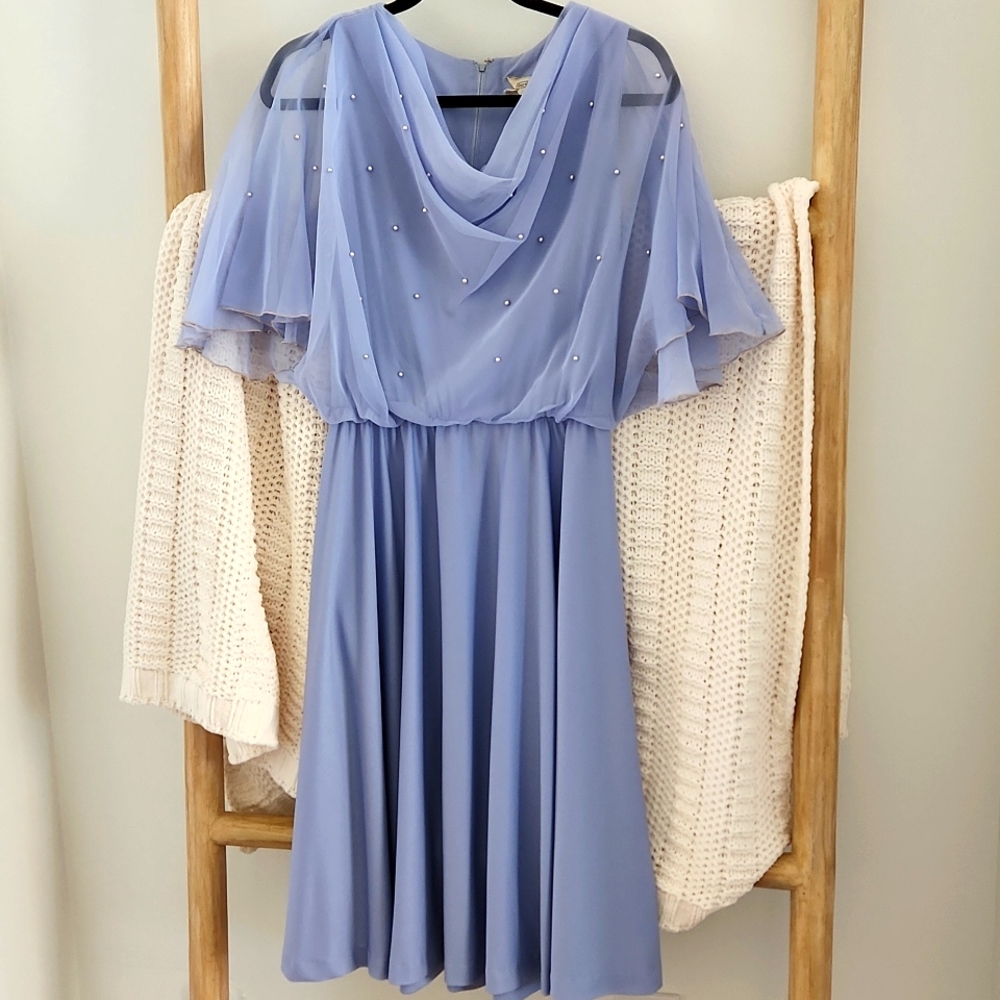 Vintage Sears Sheer Cape Overlay Cocktail Dress with Pearl Detail Size M
